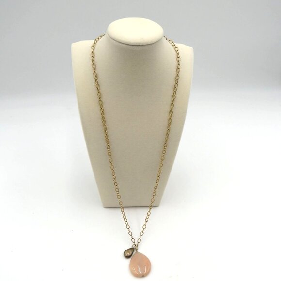 Rose Quartz Necklace 24 " Gold Tone Chain Teardrop Pendant Small Bronze Charm - Picture 7 of 7